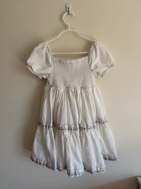 Rachel Zoe White Smocked Cotton Dress with Floral Border